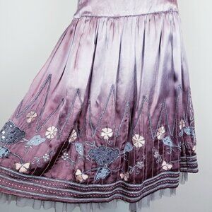 Gorgeous Vents d'Ailleurs Lavender Satin Floral Embroidered Midi Skirt NEW wTags